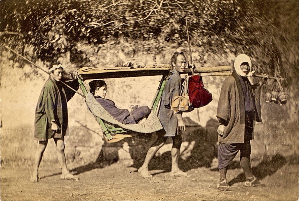 Miniature of Three men carrying a woman in a palanquin