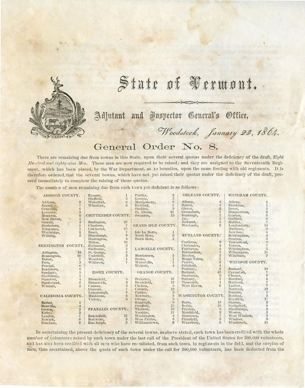 Miniature of General order no. 8 ... There are remaining due from towns in this State, upon their several quotas under the deficiency of the draft, Eight Hundred and eighty-nine Men. These men are now required to be raised; and they are assigned to the Seventeenth Regiment