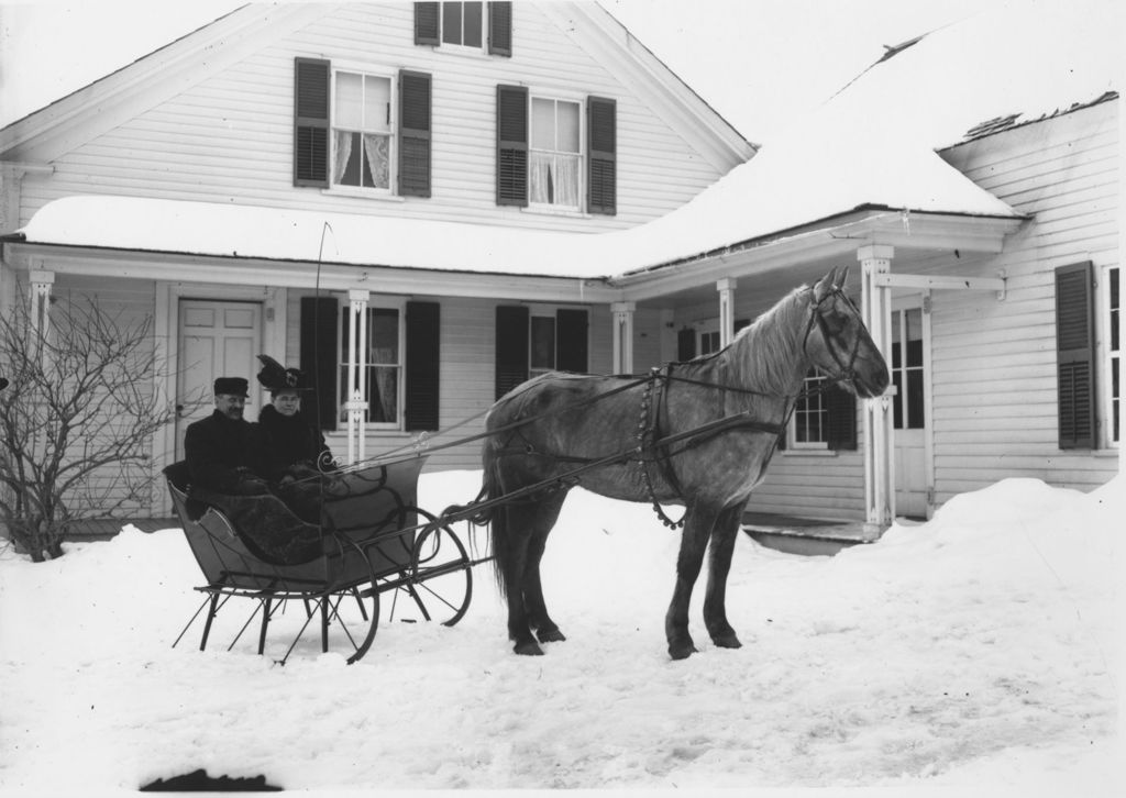 Miniature of Delphia Yeaw and Wife on horse drawn sleigh in winter