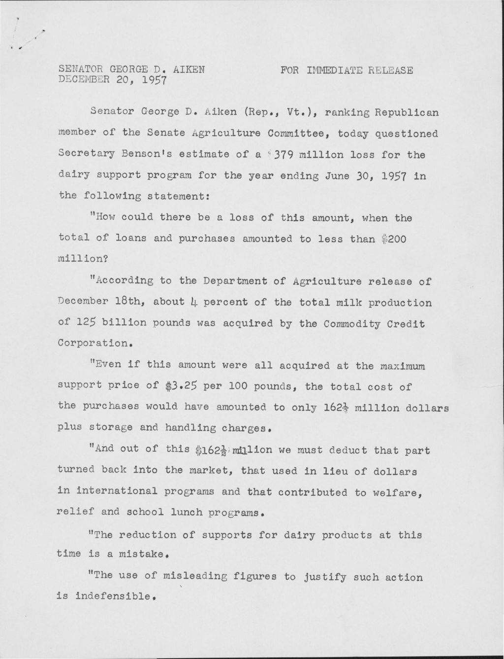 Miniature of Dairy price supports - Keith Wallace Letter, 1958