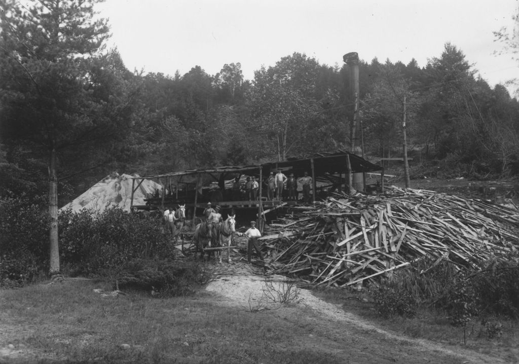 Miniature of Sawmill with Workers and Draught Horses in Front, Jamaica, Vt.