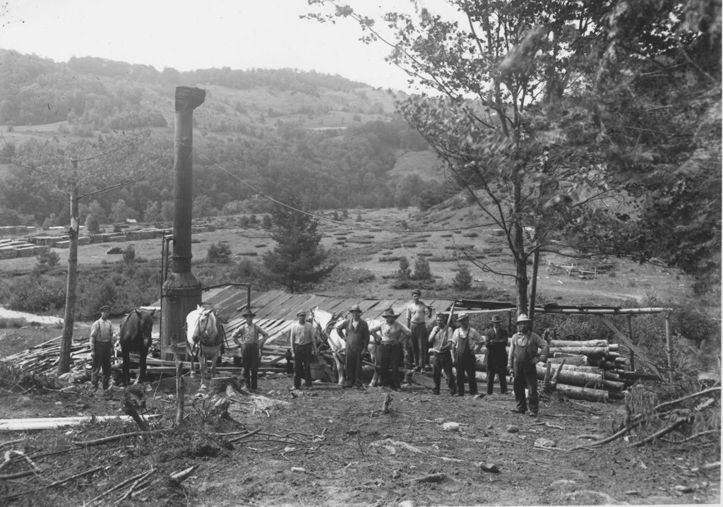 Miniature of Sawmill with Workers and Draught Horses in Front, Jamaica, Vt.