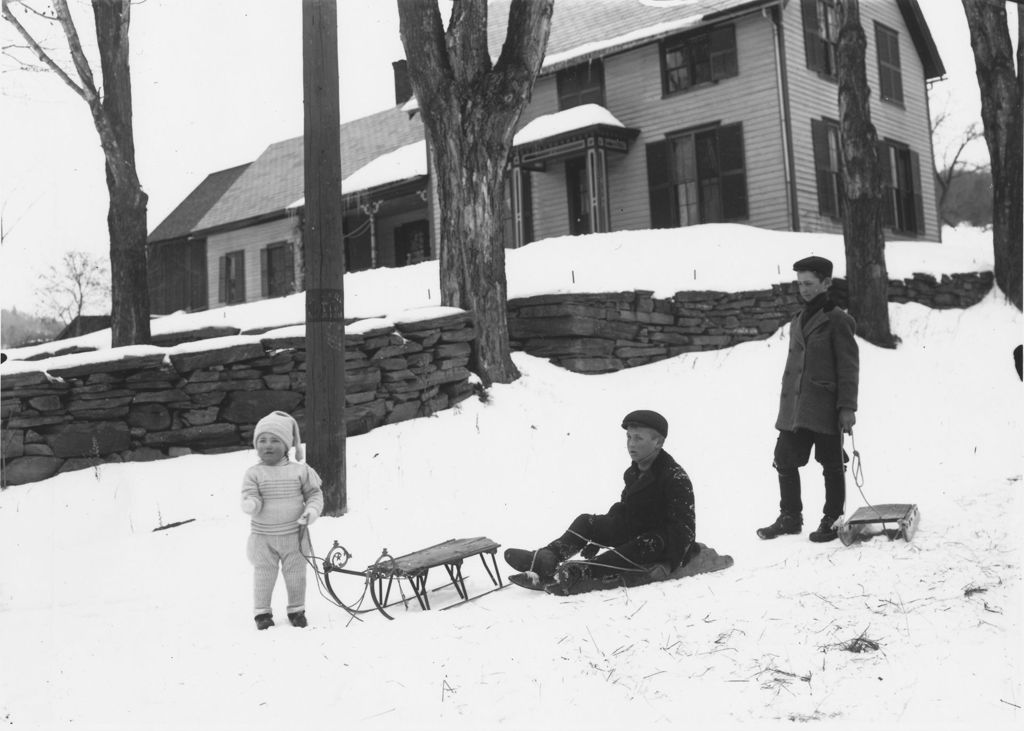 Miniature of Frank, Ralph, and Deweese Dewitt with sleds, Newfane, Vt.