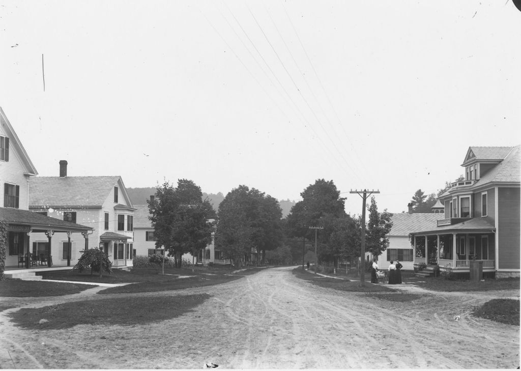 Miniature of Road with Townshend Inn on left and people talking on right, Townshend, Vt.