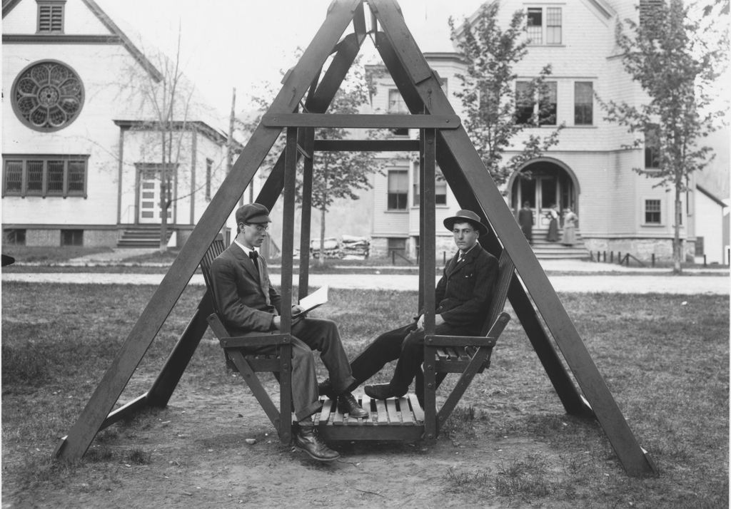 Miniature of Frank Stevens and classmate on swing in front of Seminary, Townshend, Vt.