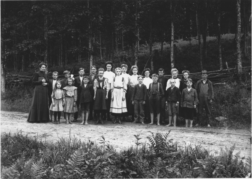 Miniature of South Wardsboro School student and teacher portrait in the woods, Wardsboro, Vt.