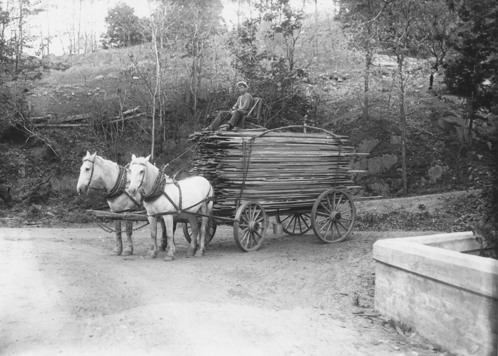 Miniature of Wayne Ingram driving a wagon loaded with lumber, Williamsville, Vt.