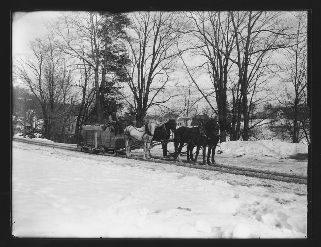 Miniature of H. Brown and Mr. Bills' four horse team pulling sled, Williamsville, Vt.