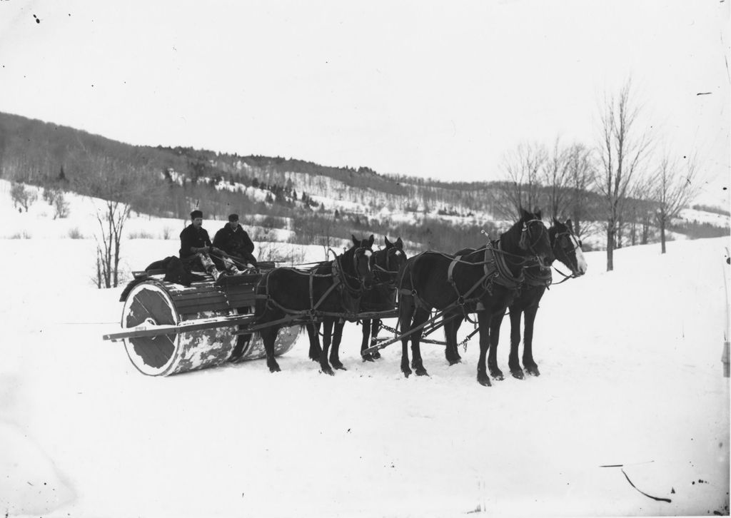 Miniature of Men on snow roller pulled by horses, Dover, Vt.