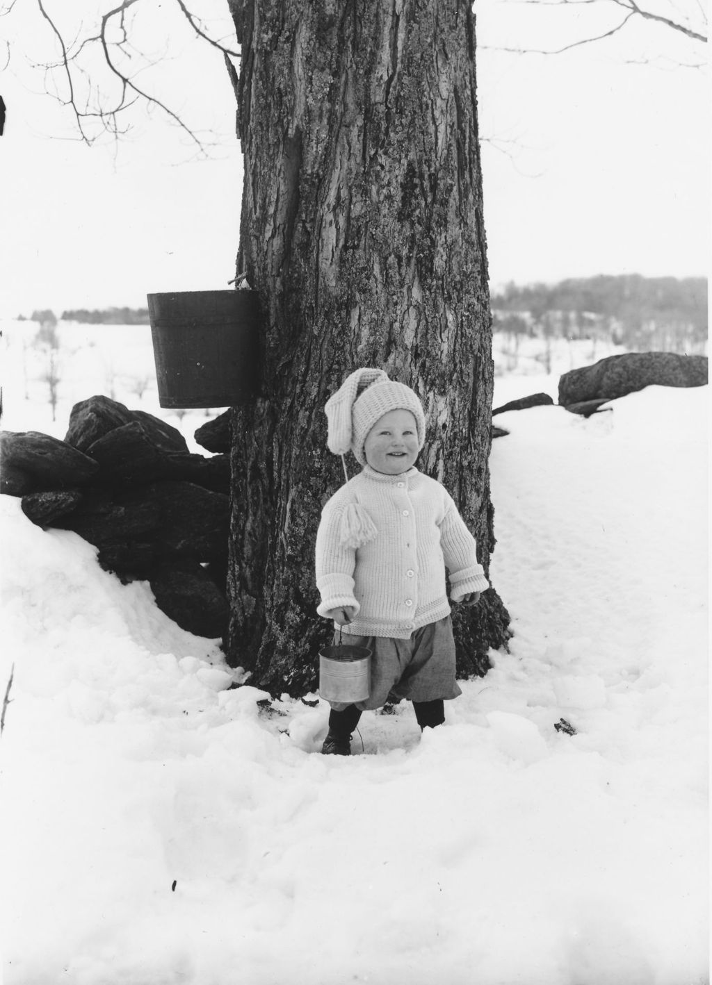 Miniature of Unidentified child outside in winter with sap bucket