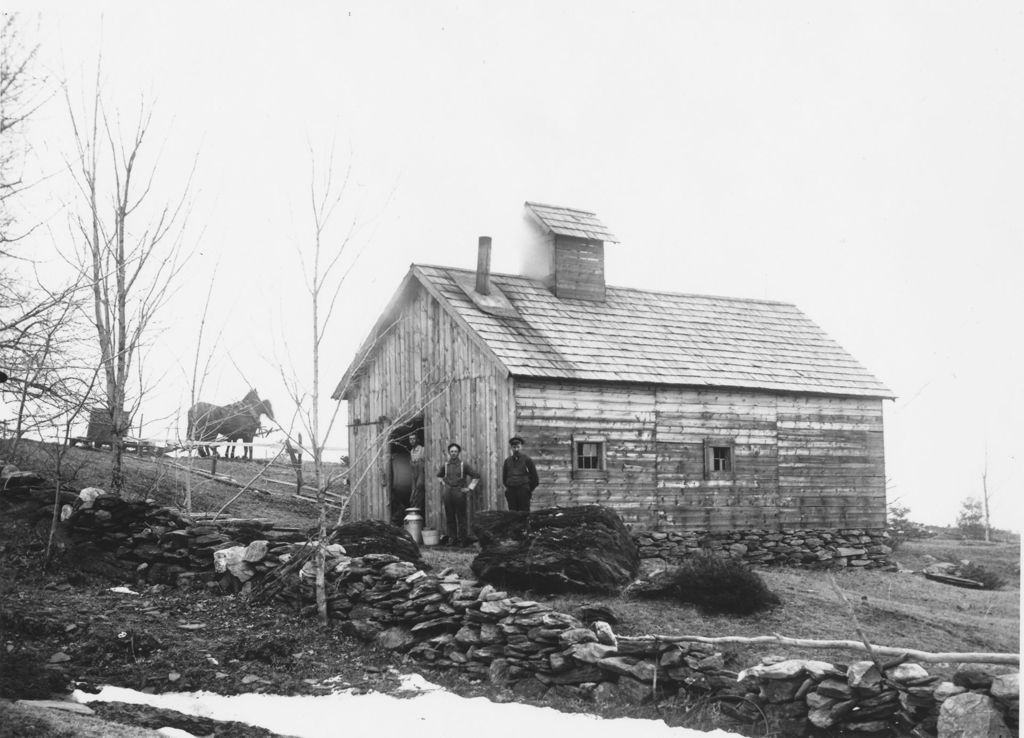 Miniature of Three men in front of sugar house with horse in the background