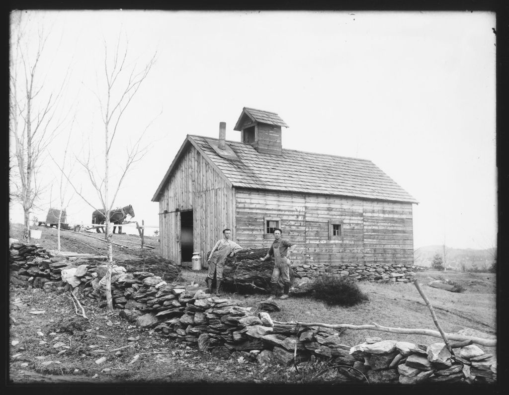 Miniature of Two men in front of sugar house with horse in the background