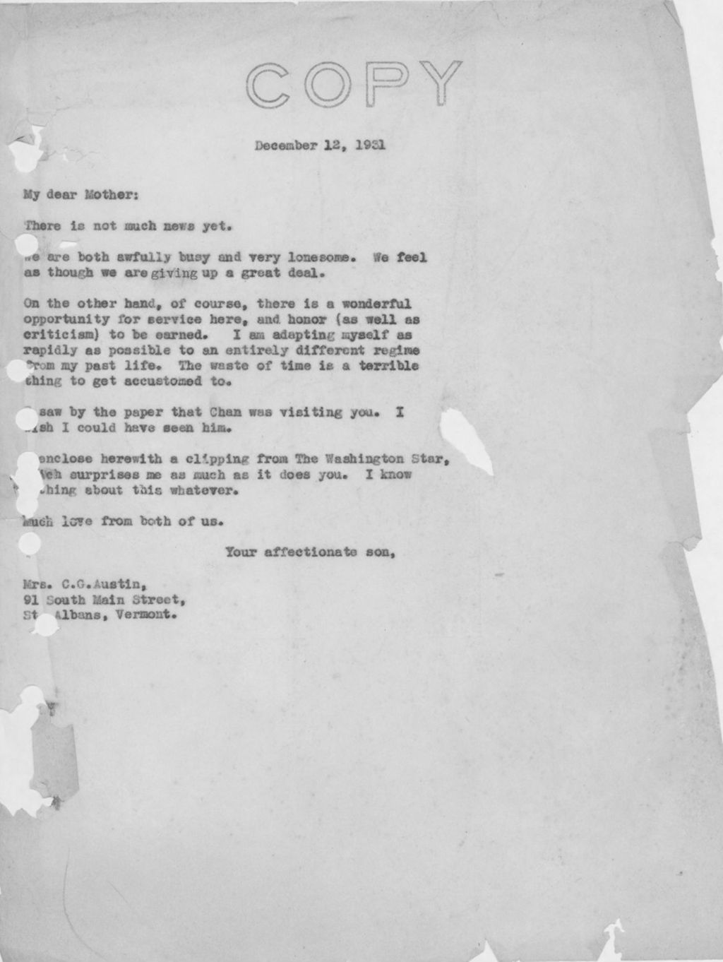 Miniature of Warren R. Austin letter to Mrs. C.G. (Ann) Austin, December 12, 1931