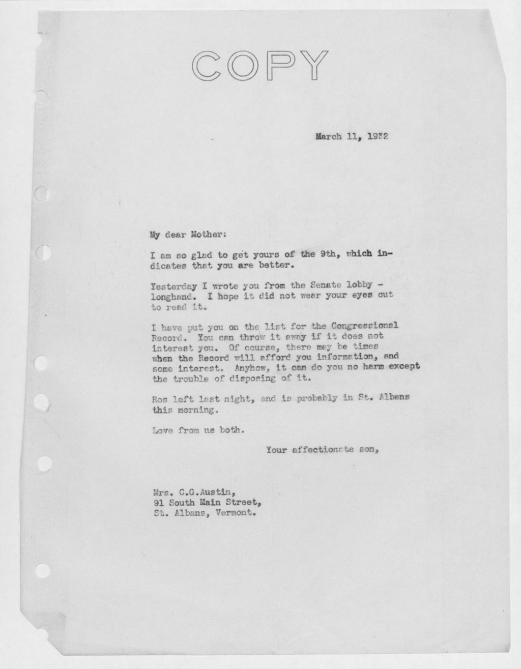 Miniature of Letter to Mrs. C.G. (Ann) Austin, March 11, 1932