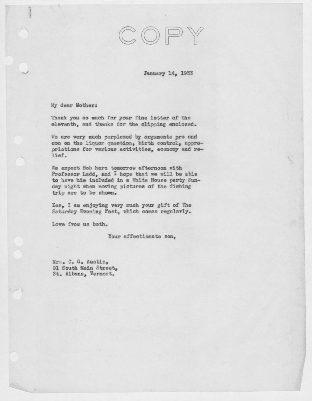 Miniature of Letter to Mrs. C.G. (Ann) Austin, January 14, 1933