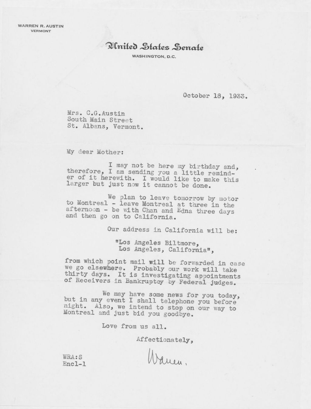 Miniature of Letter to Mrs. C.G. (Ann) Austin, October 18, 1933