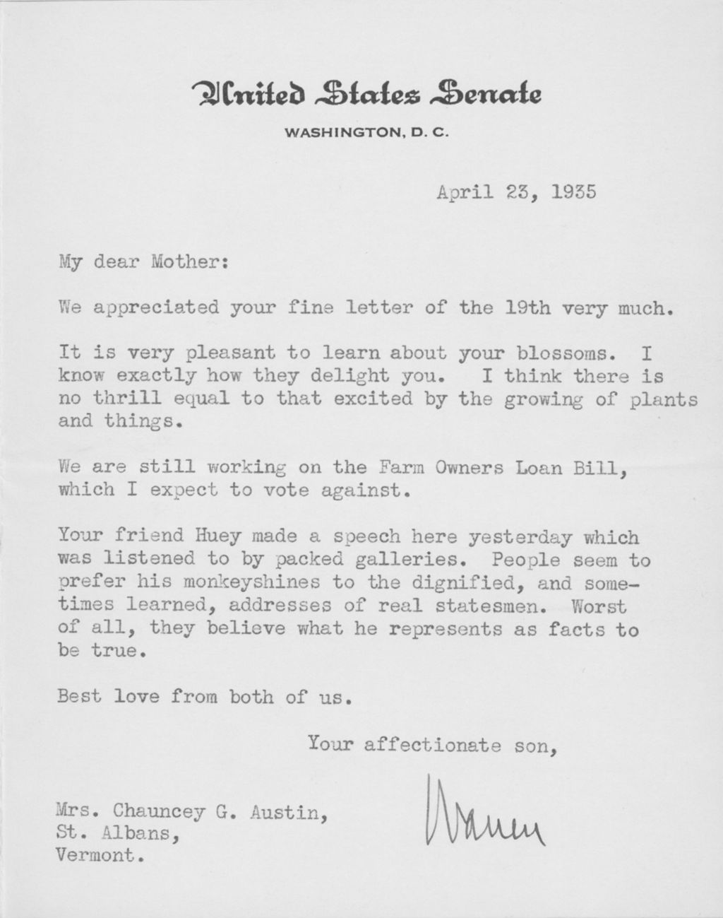 Miniature of Letter to Mrs. C.G. (Ann) Austin, April 23, 1935