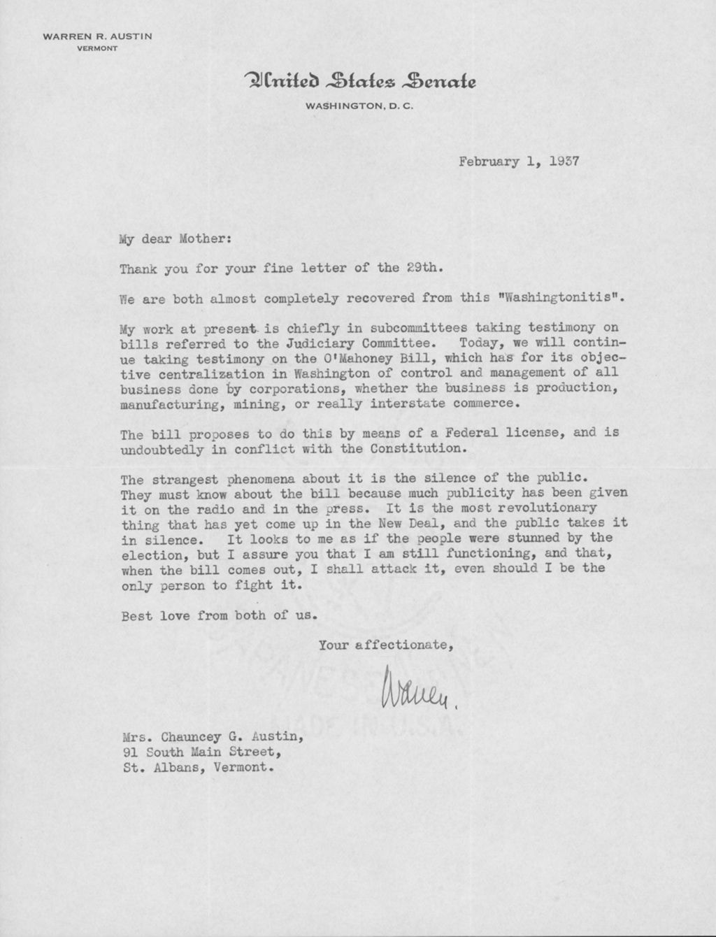 Miniature of Letter to Mrs. C.G. (Ann) Austin, February 1, 1937