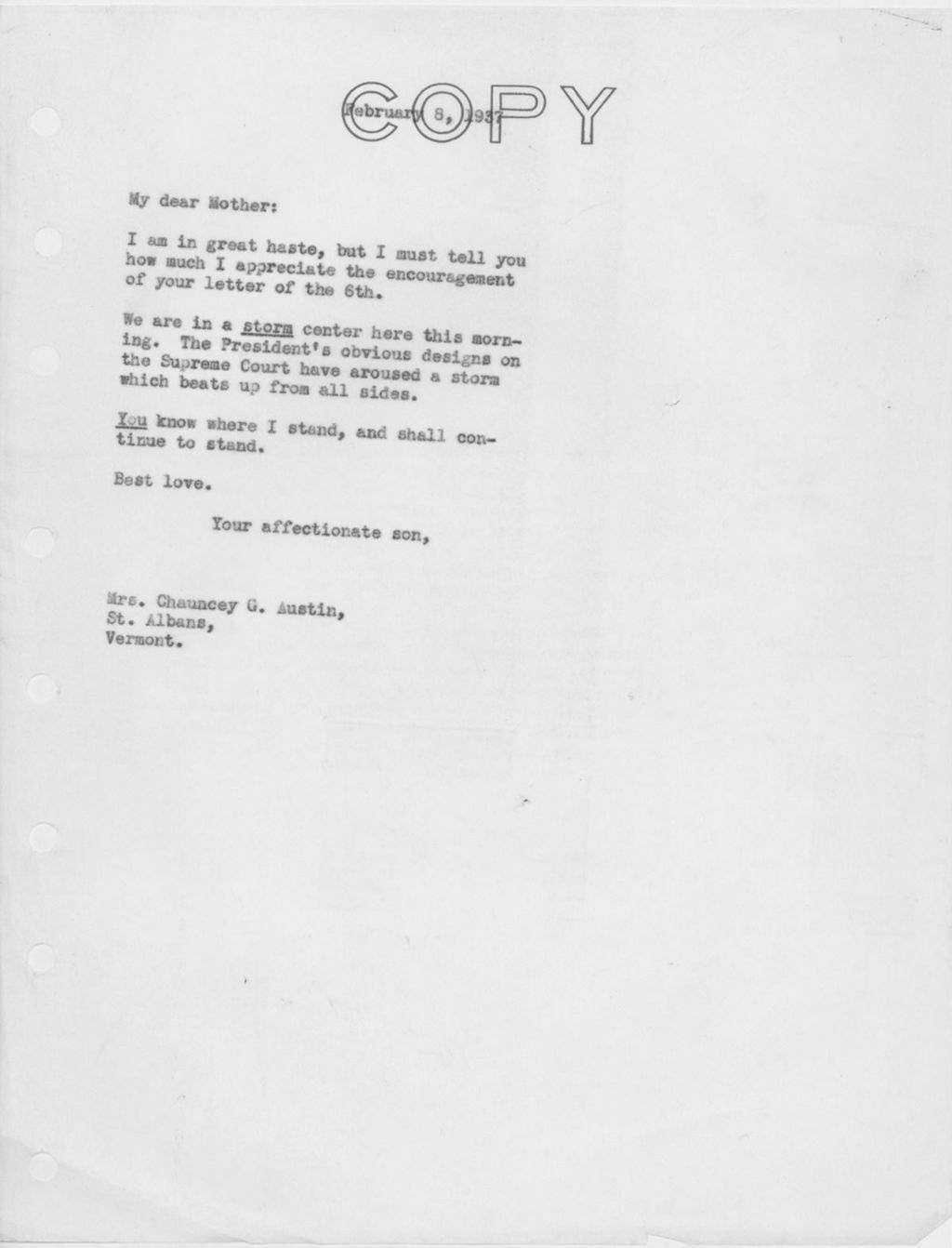 Miniature of Letter to Mrs. C.G. (Ann) Austin, February 8, 1937