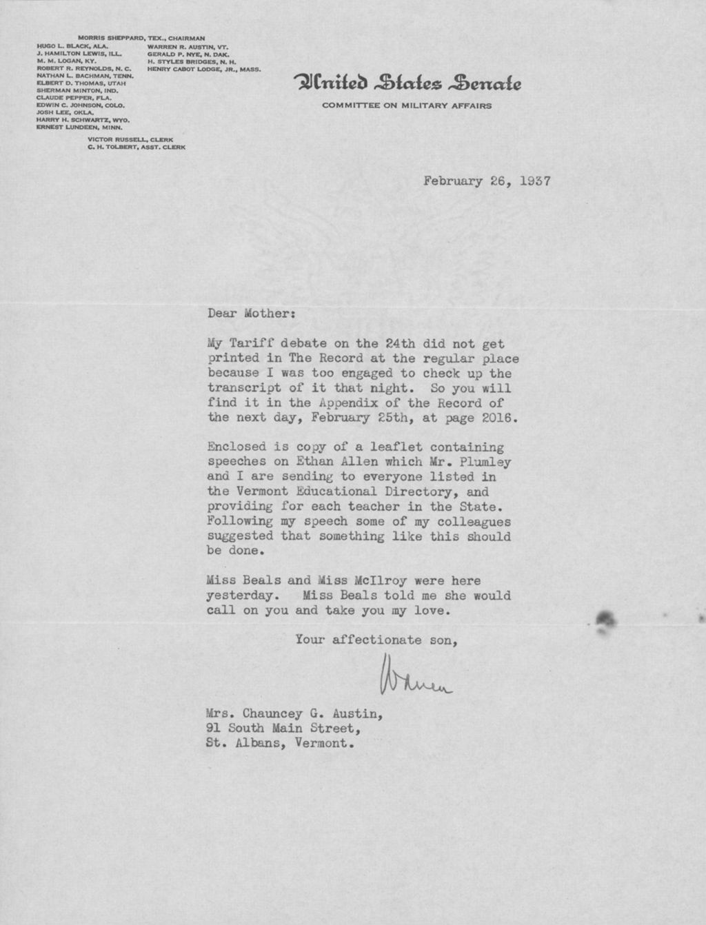 Miniature of Letter to Mrs. C.G. (Ann) Austin, February 26, 1937