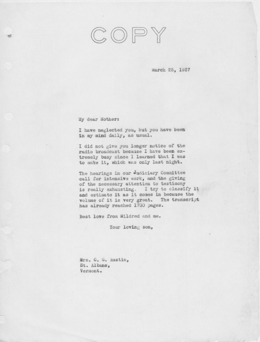 Miniature of Letter to Mrs. C.G. (Ann) Austin, March 25, 1937