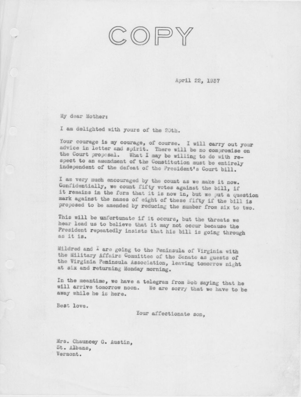 Miniature of Letter to Mrs. C.G. (Ann) Austin, April 22, 1937