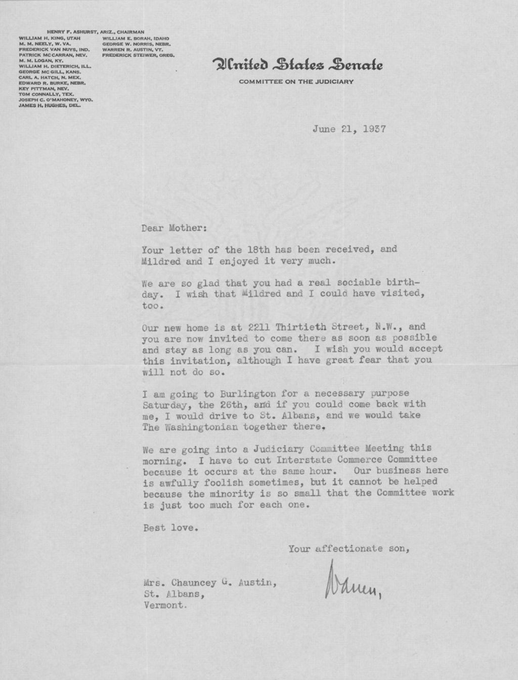 Miniature of Letter to Mrs. C.G. (Ann) Austin, June 21, 1937