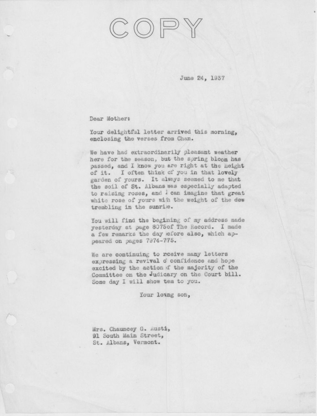 Miniature of Letter to Mrs. C.G. (Ann) Austin, June 24, 1937