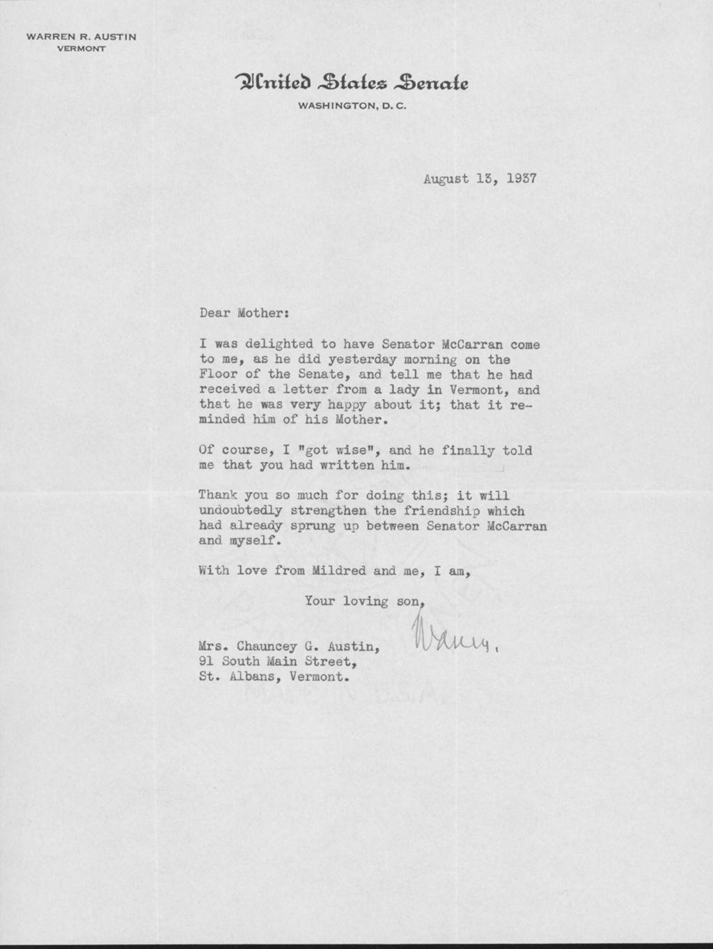 Miniature of Letter to Mrs. C.G. (Ann) Austin, August 13, 1937