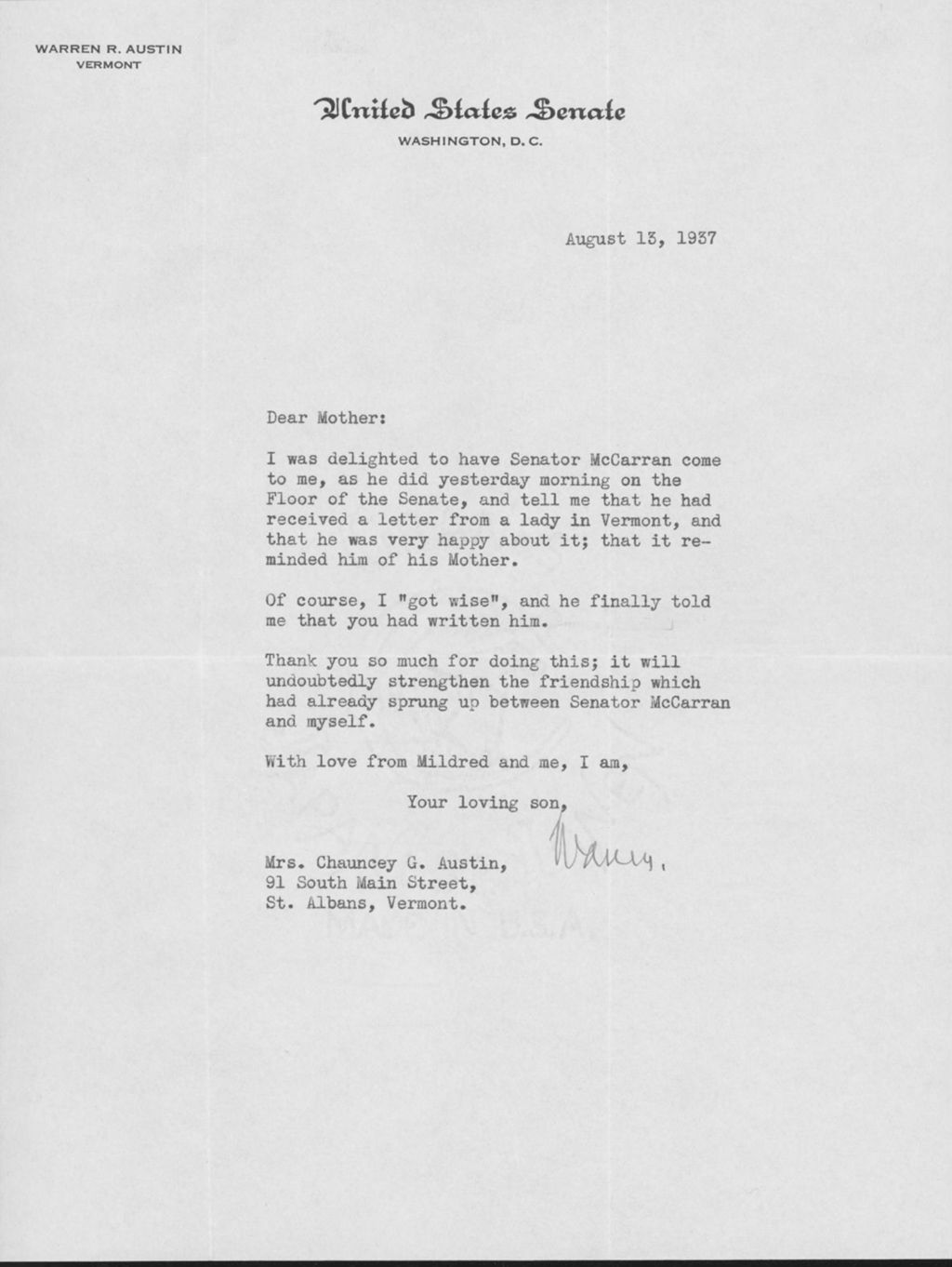 Miniature of Letter to Mrs. C.G. (Ann) Austin, August 13, 1937