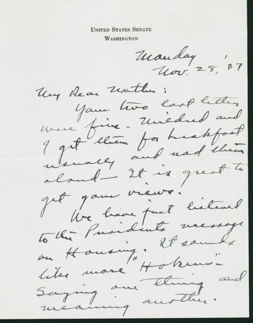 Miniature of Letter to Mrs. C.G. (Ann) Austin, November 28, 1937