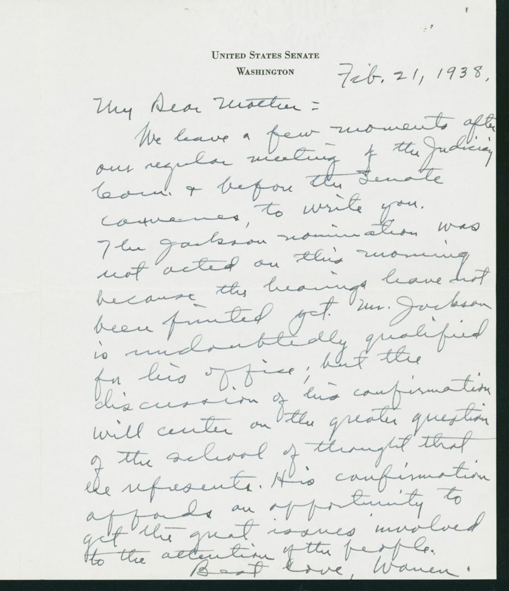 Miniature of Letter to Mrs. C.G. (Ann) Austin, February 21, 1938