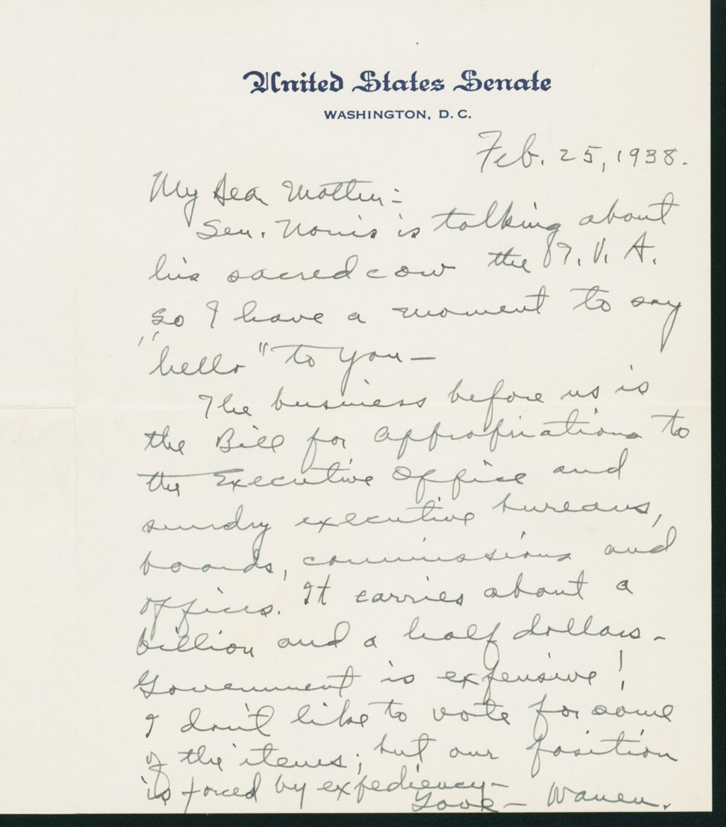 Miniature of Letter to Mrs. C.G. (Ann) Austin, February 25, 1938