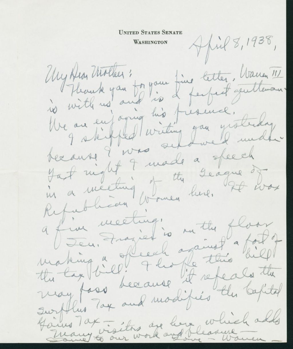 Miniature of Letter to Mrs. C.G. (Ann) Austin, April 8, 1938