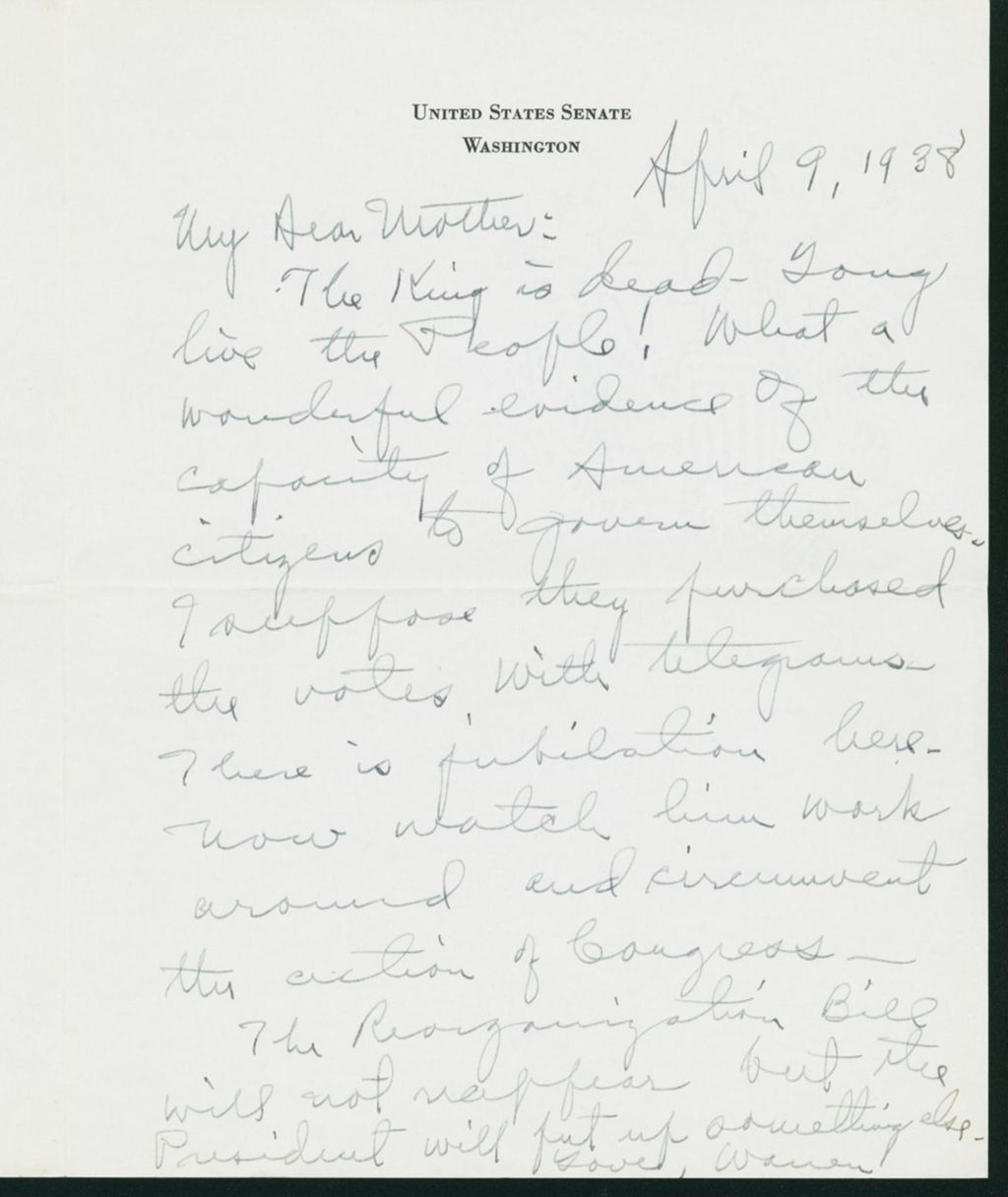 Miniature of Letter to Mrs. C.G. (Ann) Austin, April 9, 1938