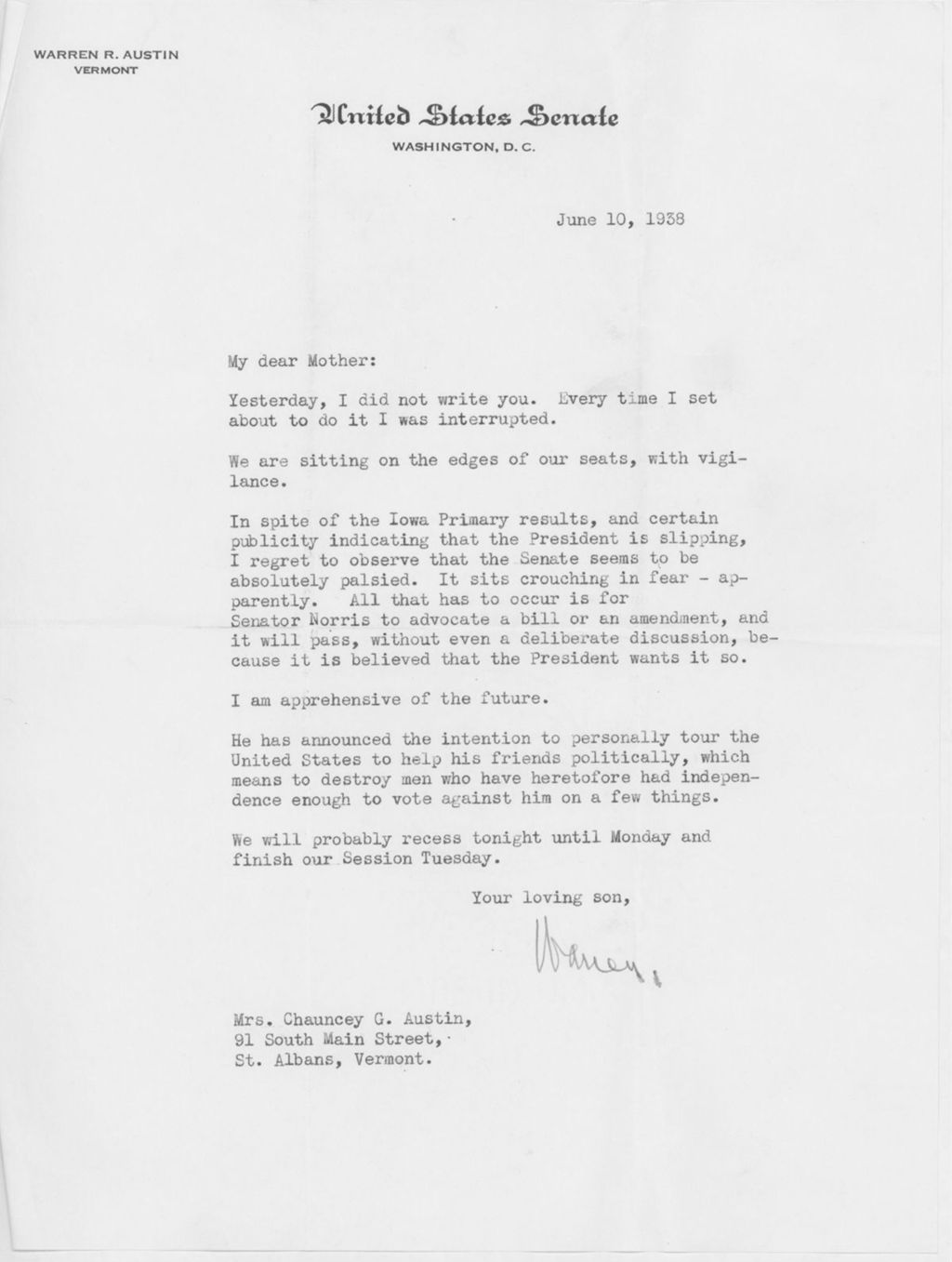 Miniature of Letter to Mrs. C.G. (Ann) Austin, June 10, 1938
