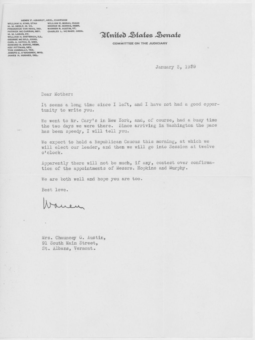 Miniature of Letter to Mrs. C.G. (Ann) Austin, January 3, 1939