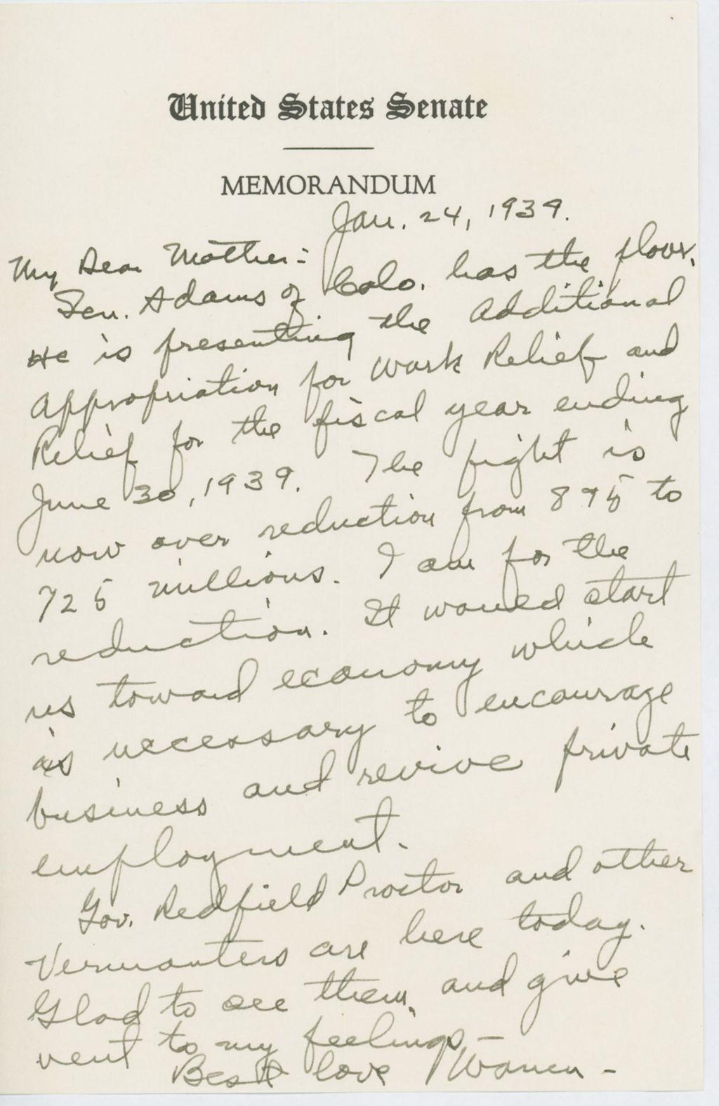 Miniature of Letter to Mrs. C.G. (Ann) Austin, January 24, 1939