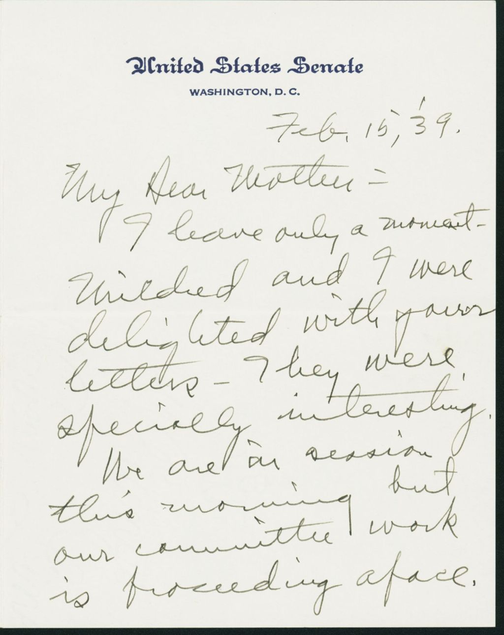 Miniature of Letter to Mrs. C.G. (Ann) Austin, February 15, 1939