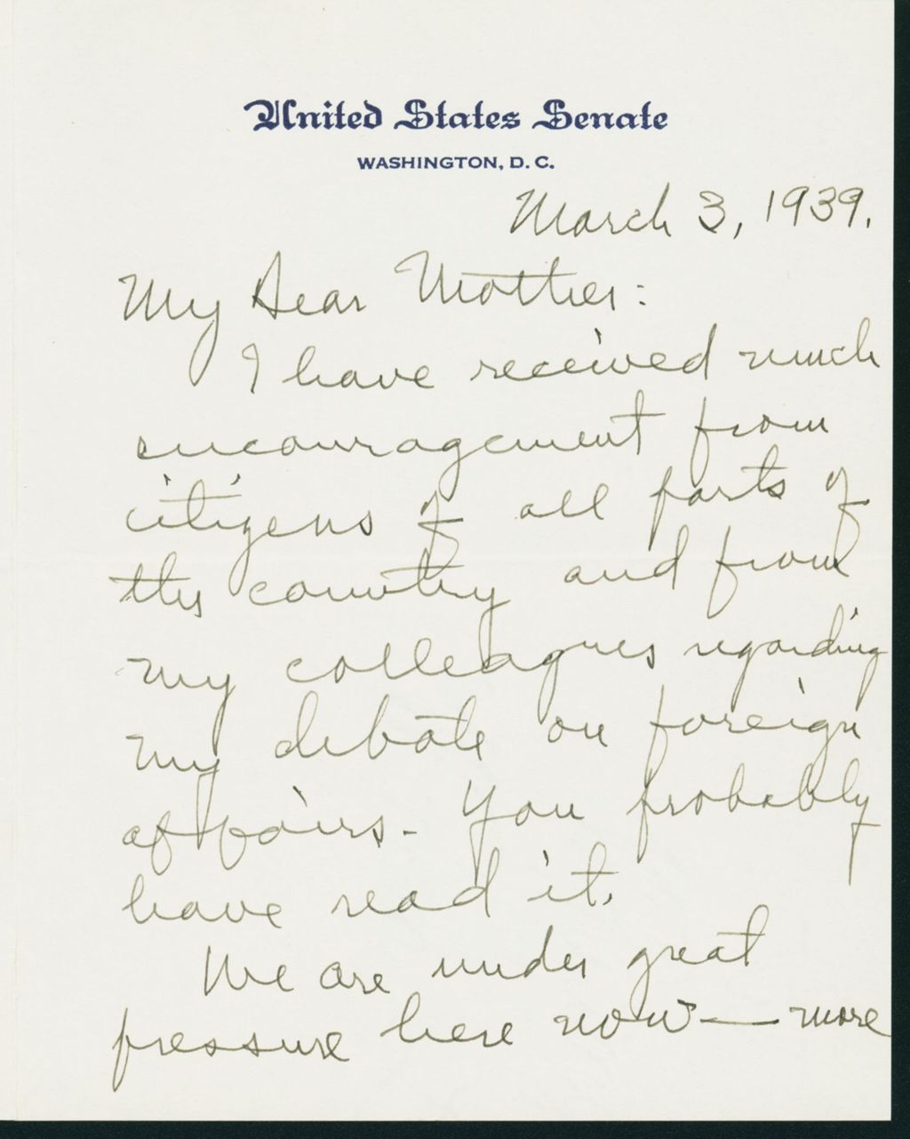 Miniature of Letter to Mrs. C.G. (Ann) Austin, March 3, 1939