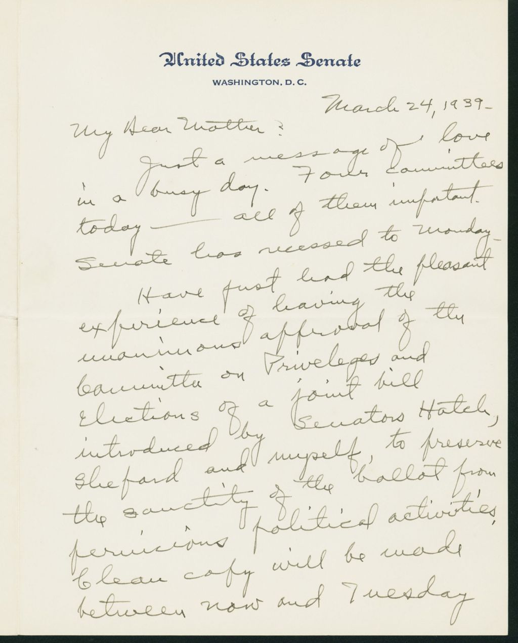 Miniature of Letter to Mrs. C.G. (Ann) Austin, March 24, 1939