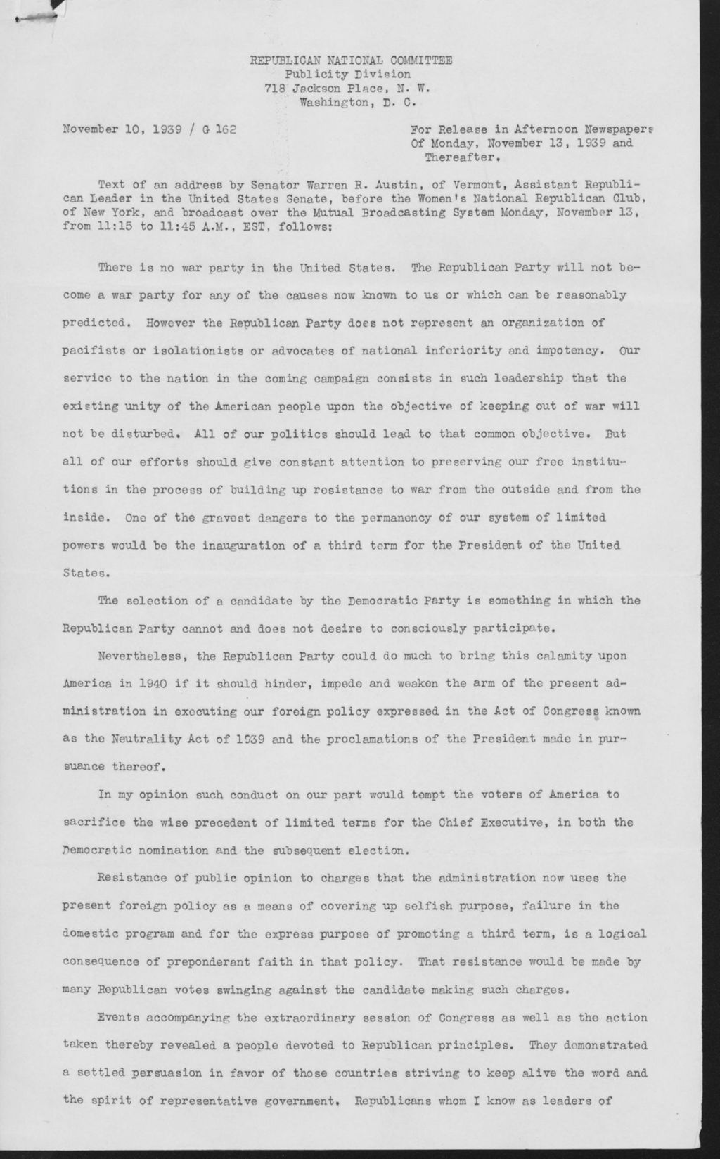 Miniature of Speech by Austin for the Women's National Republican Club, November 10, 1939.
