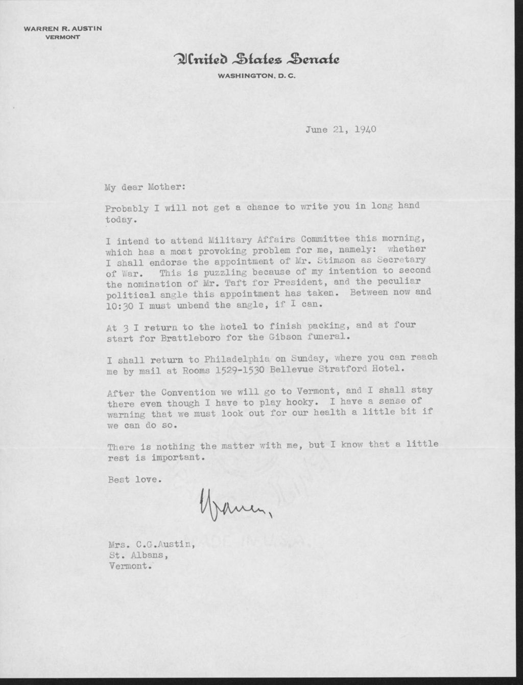Miniature of Letter to Mrs. C.G. (Ann) Austin, June 21, 1940