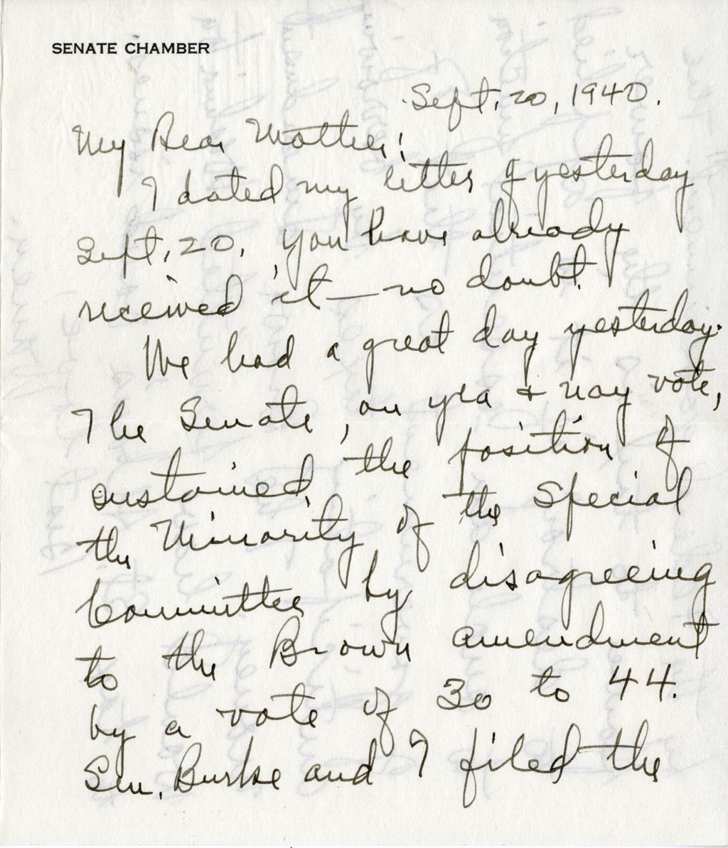 Miniature of Warren R. Austin letter to Mrs. C.G. (Ann) Austin, September 20, 1940