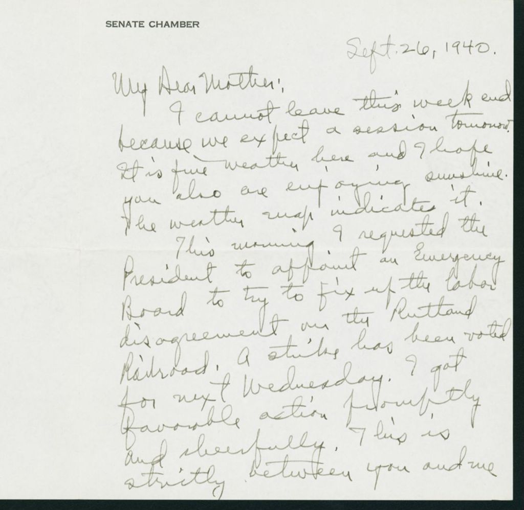 Miniature of Warren R. Austin letter to Mrs. C.G. (Ann) Austin, September 26, 1940