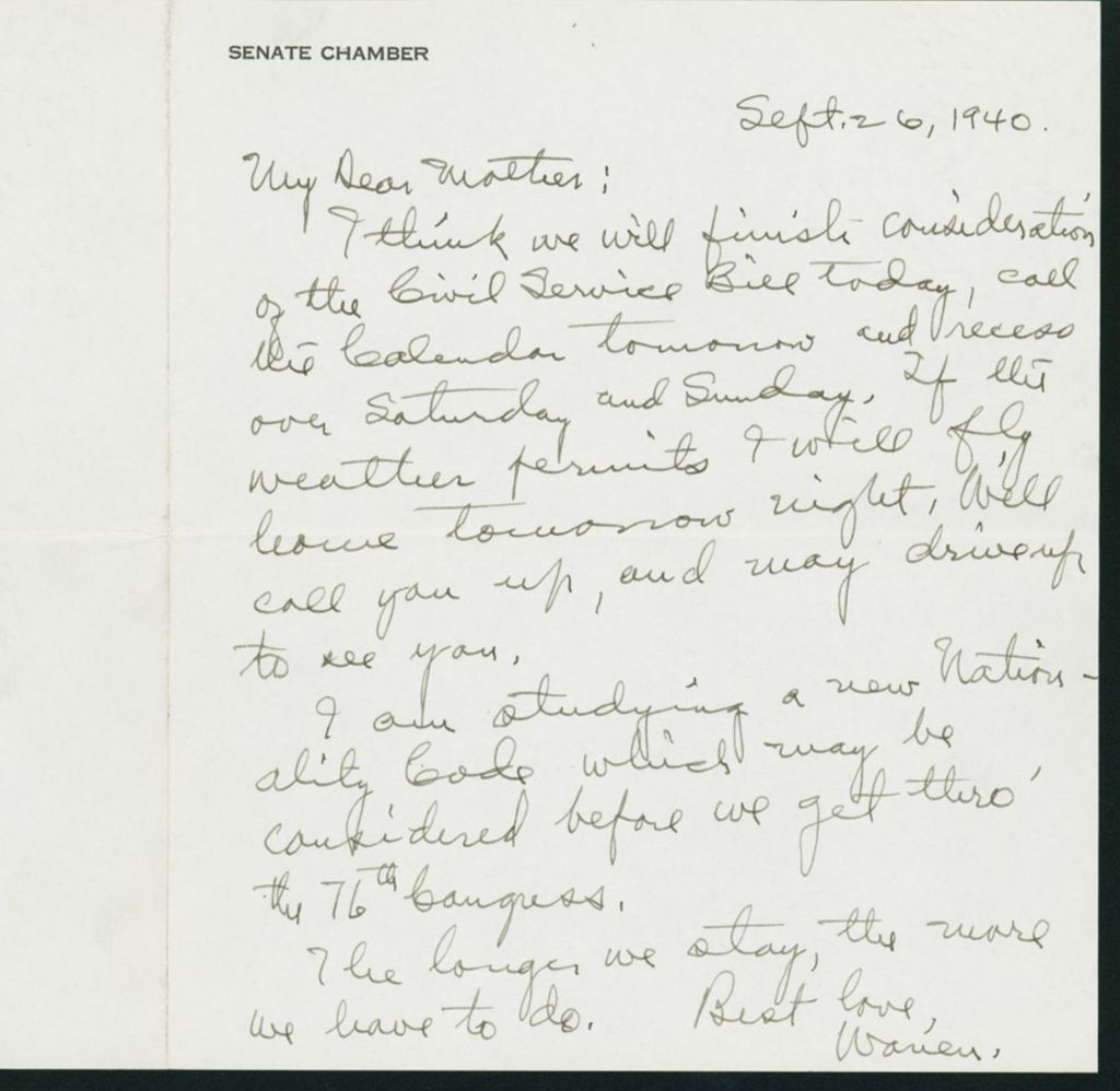 Miniature of Warren R. Austin letter to Mrs. C.G. (Ann) Austin, September 26, 1940