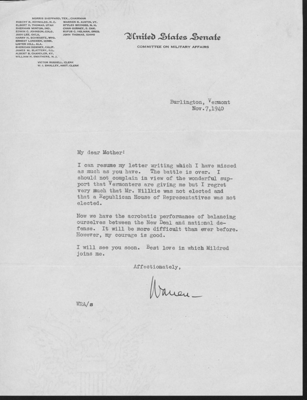 Miniature of Warren R. Austin letter to Mrs. C.G. (Ann) Austin, November 7, 1940