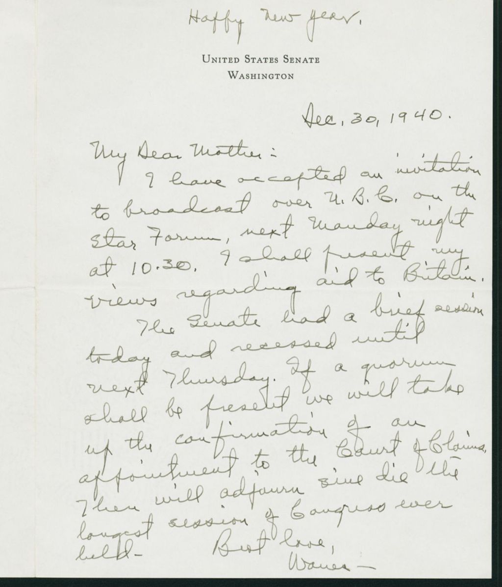 Miniature of Warren R. Austin letter to Mrs. C.G. (Ann) Austin, December 30, 1940