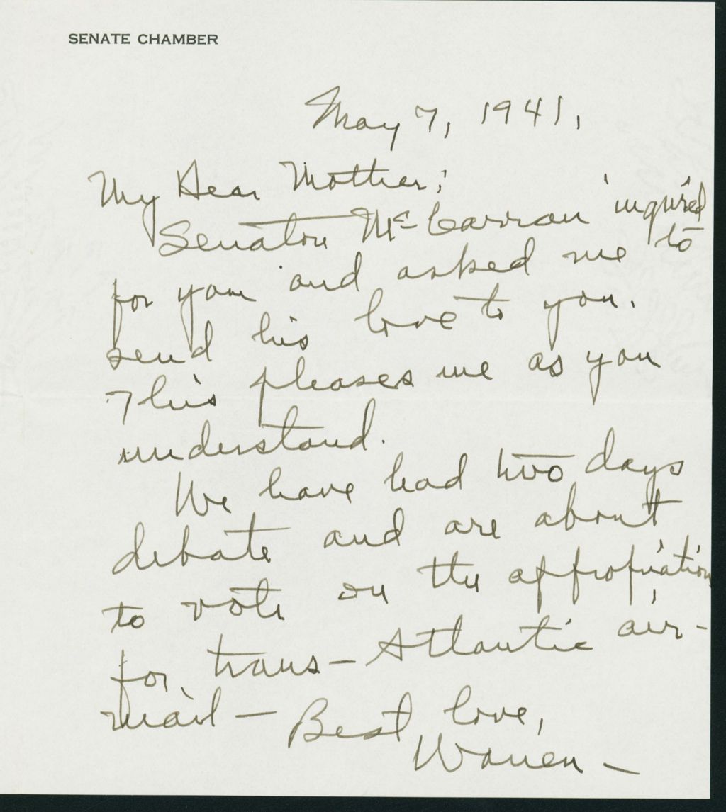 Miniature of Warren R. Austin letter to Mrs. C.G. (Ann) Austin, May 7, 1941