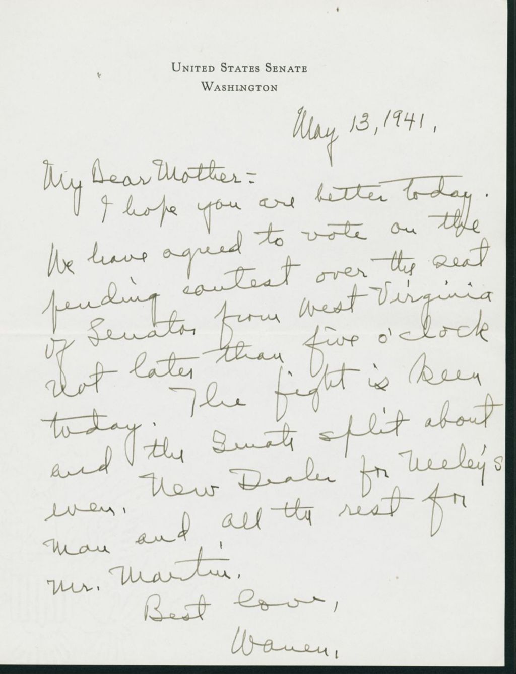 Miniature of Warren R. Austin letter to Mrs. C.G. (Ann) Austin, May 13, 1941